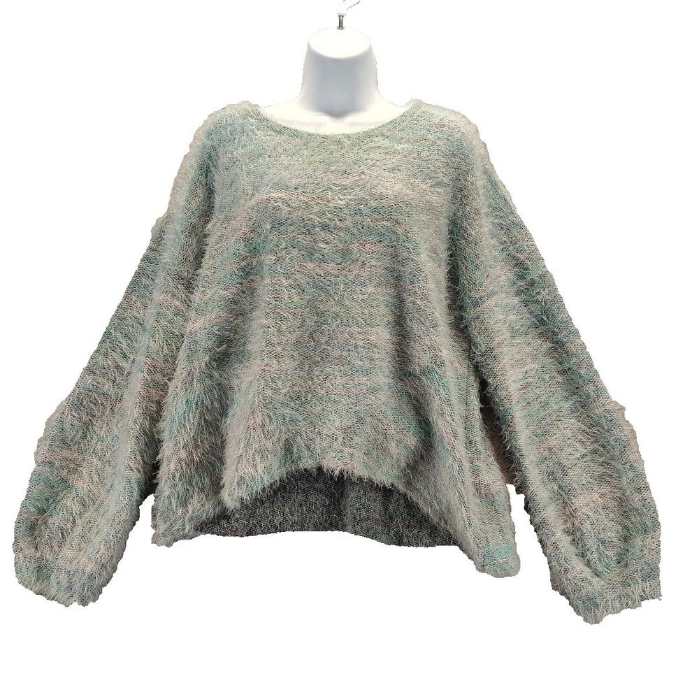 Candies Sweater Women Sz XXL Blue Gray Fuzzy Fur Long Balloon Sleeve Round Neck